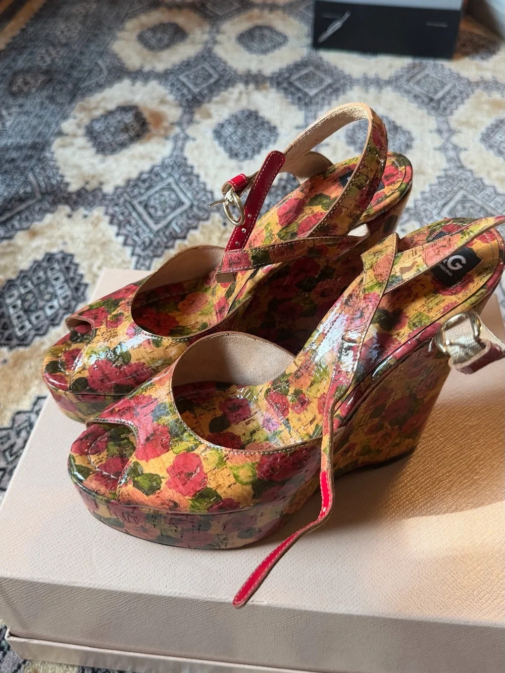 D&G Floral Patent Leather Peep-Toe Platform Sandals - Multicolor